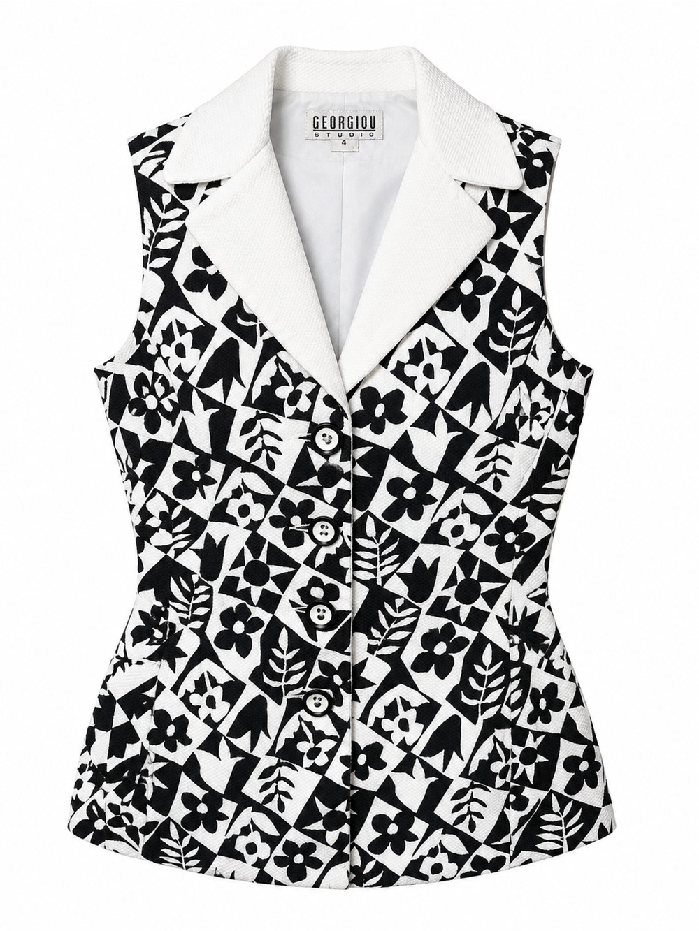Vtg 90s Georgiou Studio B&W Cotton Vest Top 4 Geometric Floral Yin Yang Mod